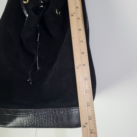ISADORA Suede Leather Bucket Pouch Purse Shoulder Bag Black Drawstring Italy - Picture 11 of 14